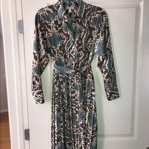 Topshop Green Snake Pleated Skirt Midi Dress wBelt